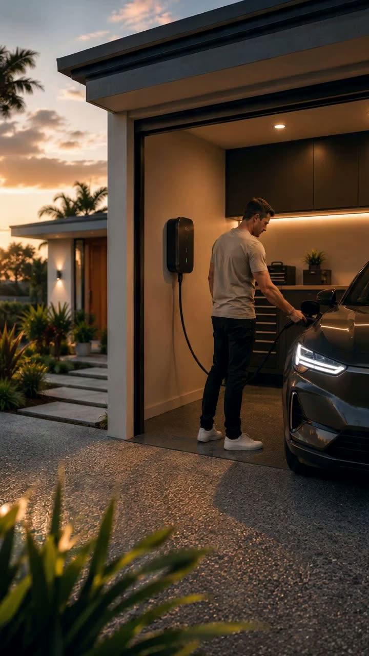 Home EV charger on an Adelaide home at sunset with an electric car plugged in