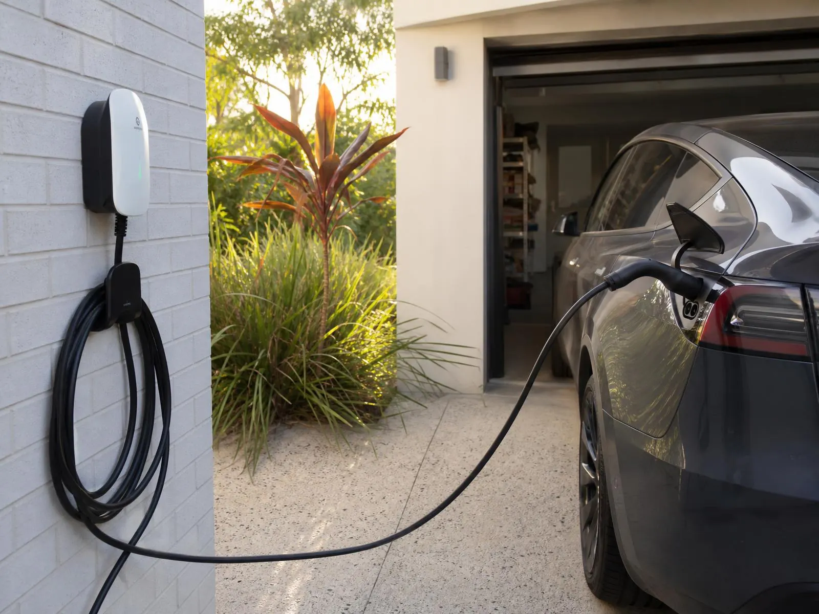 Home EV charger installed at an Adelaide house, charging an electric car in the driveway